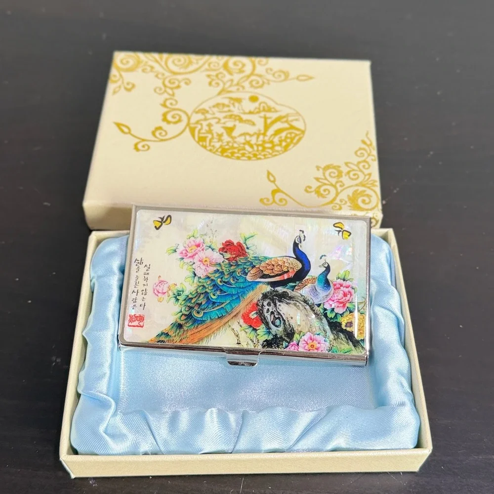 Korean Mother of Pearl Peacock Business Card Holder Case Silver Tone Mirror Box